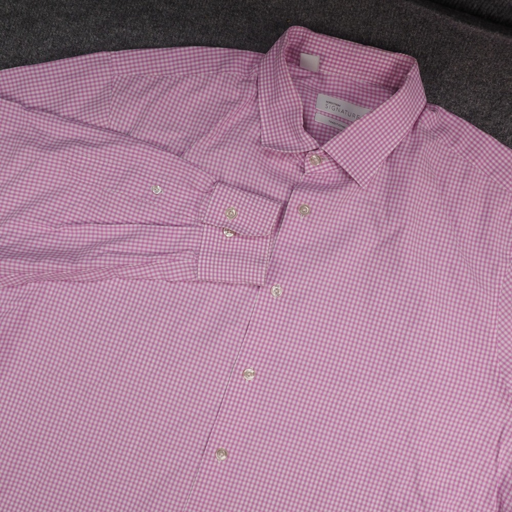 Nordstrom Signature Shirt Mens 17.5 Traditional Fit Pink Gingham Check Dress XL